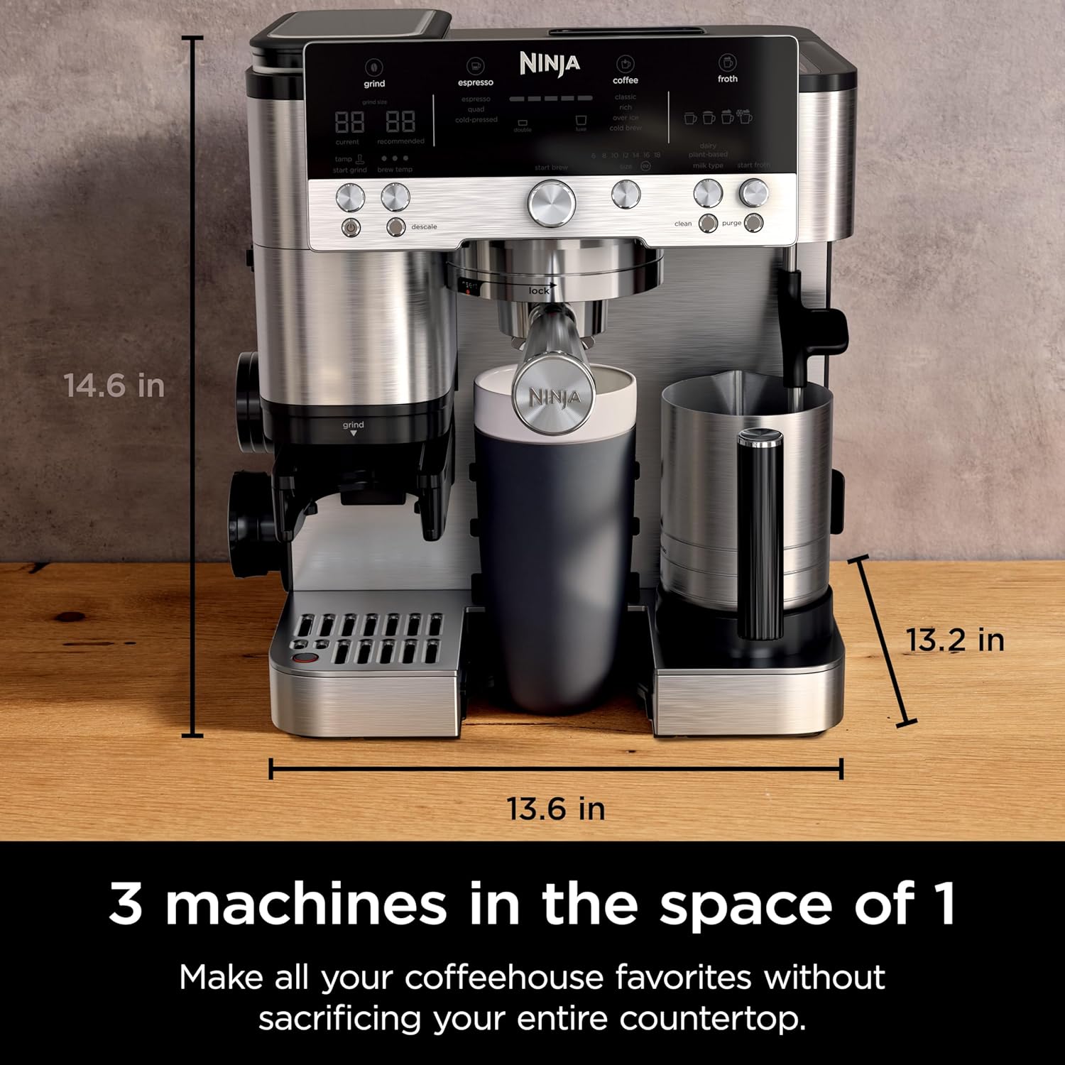 Ninja Espresso Machine, Luxe Café Premier Series, Drip Coffee Maker and Rapid Cold Brew, Integrated Grinder, Assisted Tamper, Hands-Free Frother, for Cappuccinos and Lattes, Dairy or Non-Dairy, ES601